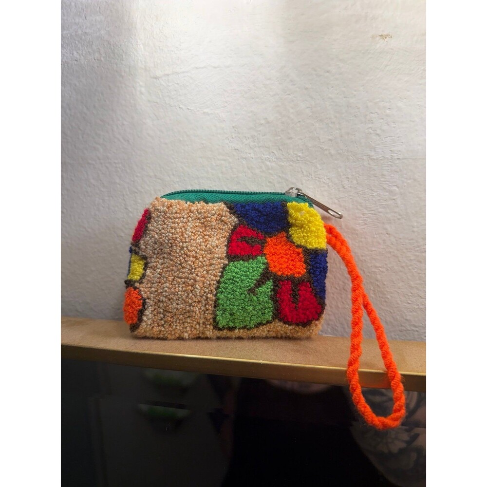 R&R Colorful fluffy handmade Textured knit yarn Coin floral boho Pouch